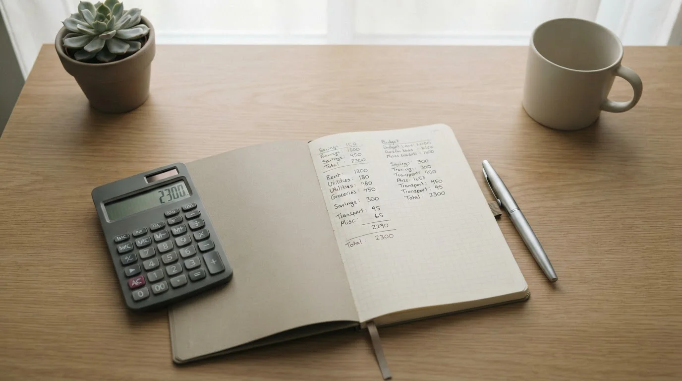 Taschenrechner und handschriftliche Budgetberechnung auf Schreibtisch
