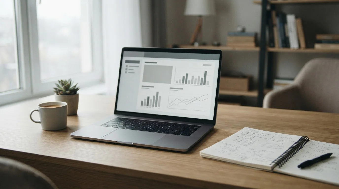 Analytischer Arbeitsplatz mit Laptop und Dokumenten zur Bewertung von Wettanbieter-Einzahlungsboni