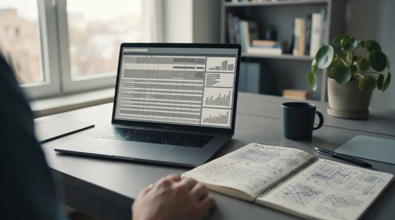 Laptop mit Sportwetten-Plattform und Notizbuch mit Systemwetten-Schema