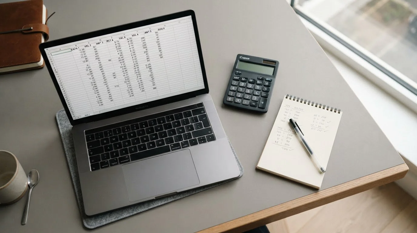 Analytische Darstellung von Wettbonus-Bedingungen mit Taschenrechner und Dokumenten auf neutralem Schreibtisch
