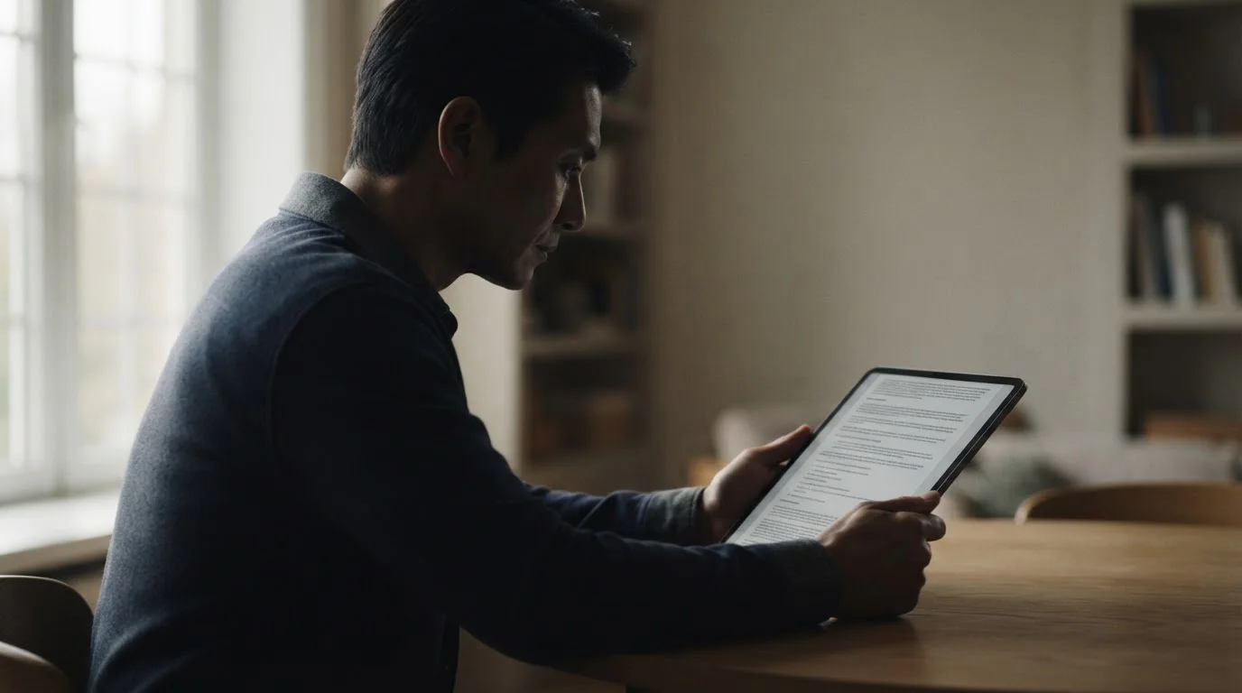 Person analysiert detaillierte Bonusbedingungen auf Tablet-Bildschirm