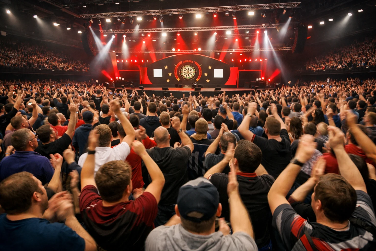 Darts-Turnierhalle mit Publikum und Dartboard bei einem European Tour Event