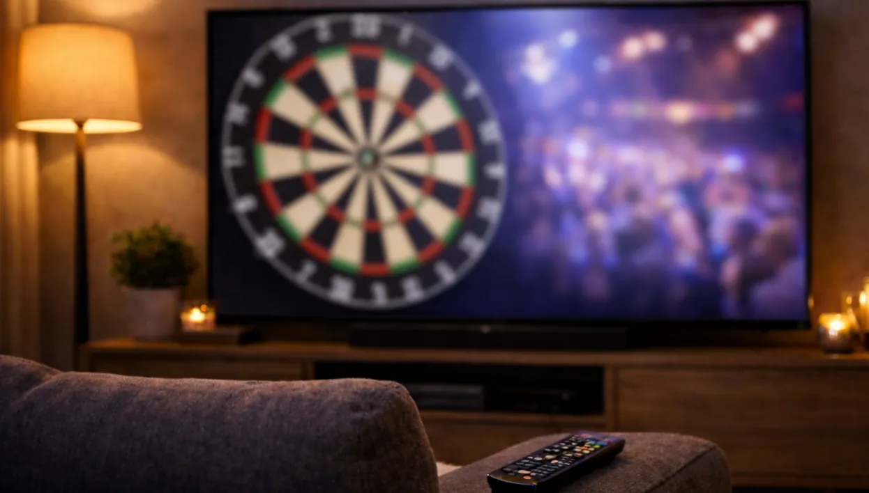 Darts-Übertragung auf einem Fernseher im Wohnzimmer mit Live-Streaming