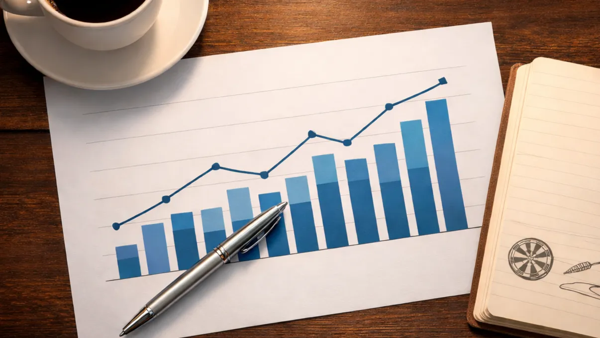 Dokument mit Darts-Statistiken und Formanalyse neben einem Stift auf dem Schreibtisch