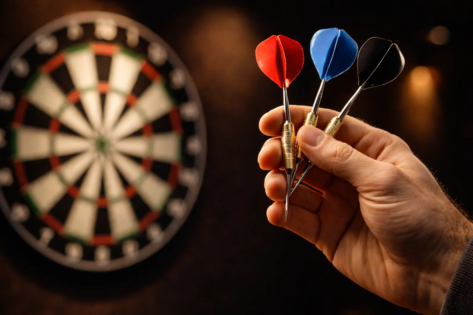Nahaufnahme einer Hand, die drei Darts-Pfeile vor einem professionellen Dartboard hält