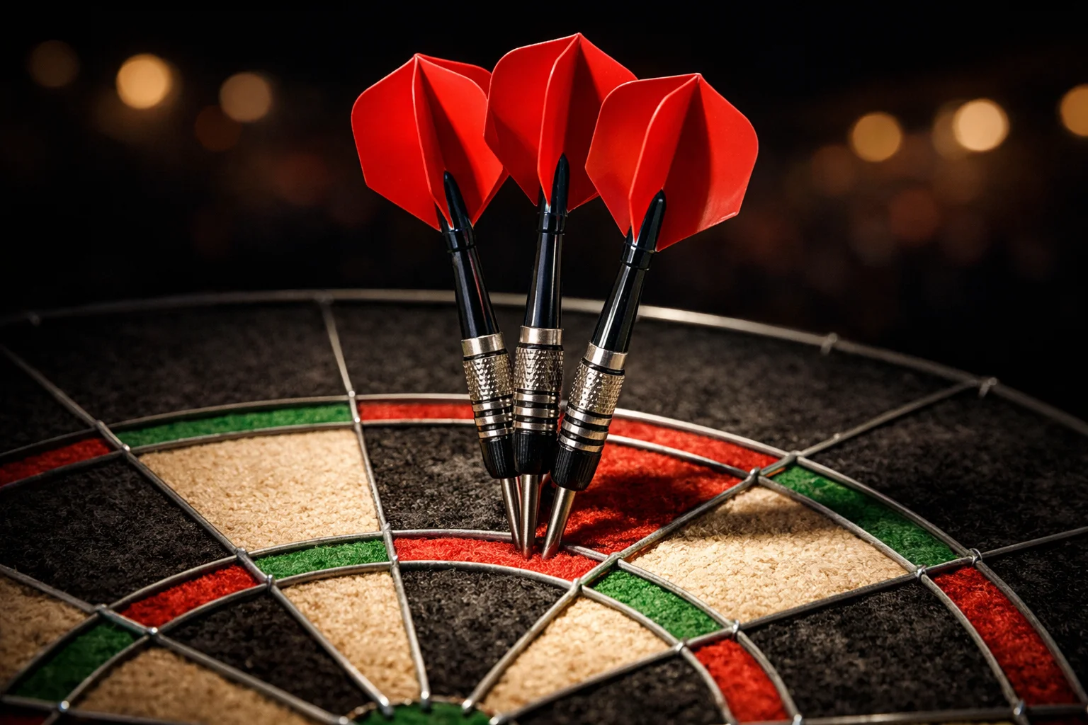 Darts-Pfeile stecken in der Triple-20 auf einem beleuchteten Dartboard bei einem Turnier