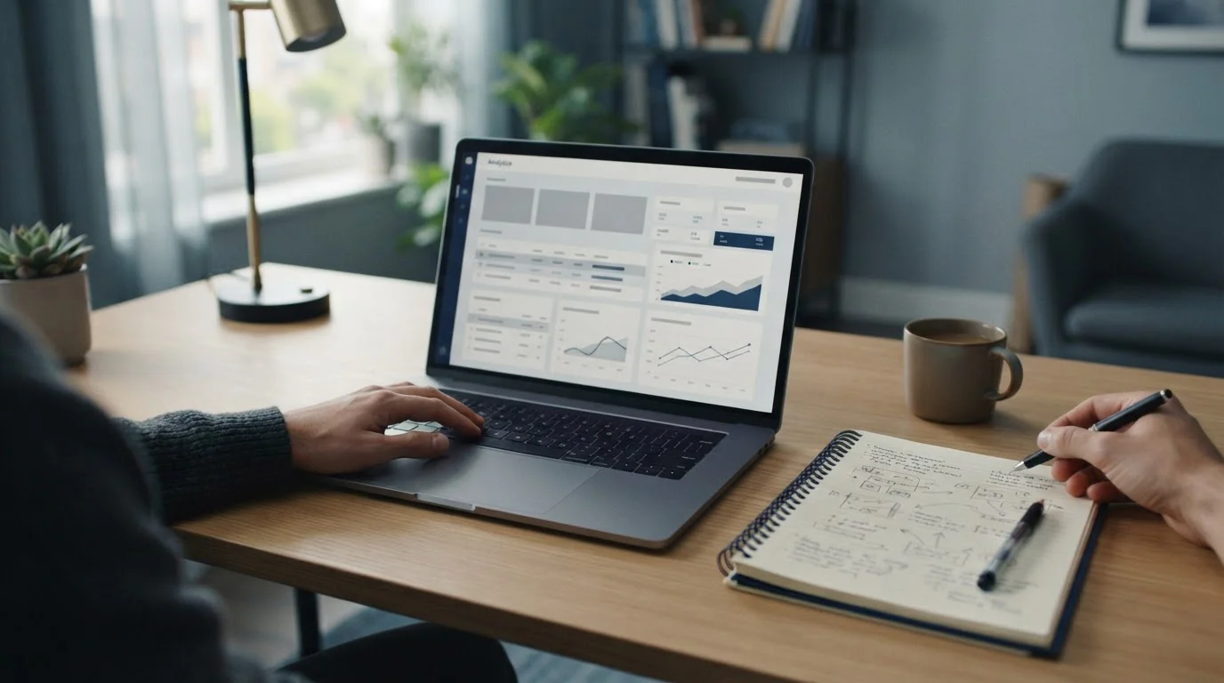 Arbeitsplatz mit Laptop und Notizen zur Analyse von Freiwetten-Angeboten