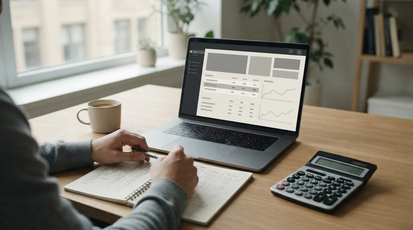 Analytischer Arbeitsplatz mit Laptop und Notizen zur Bewertung von Kombiwetten-Angeboten