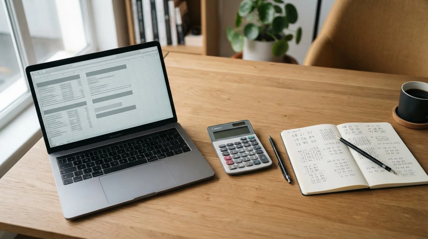 Systemwetten-Analyse auf einem Laptop mit Taschenrechner und Notizen