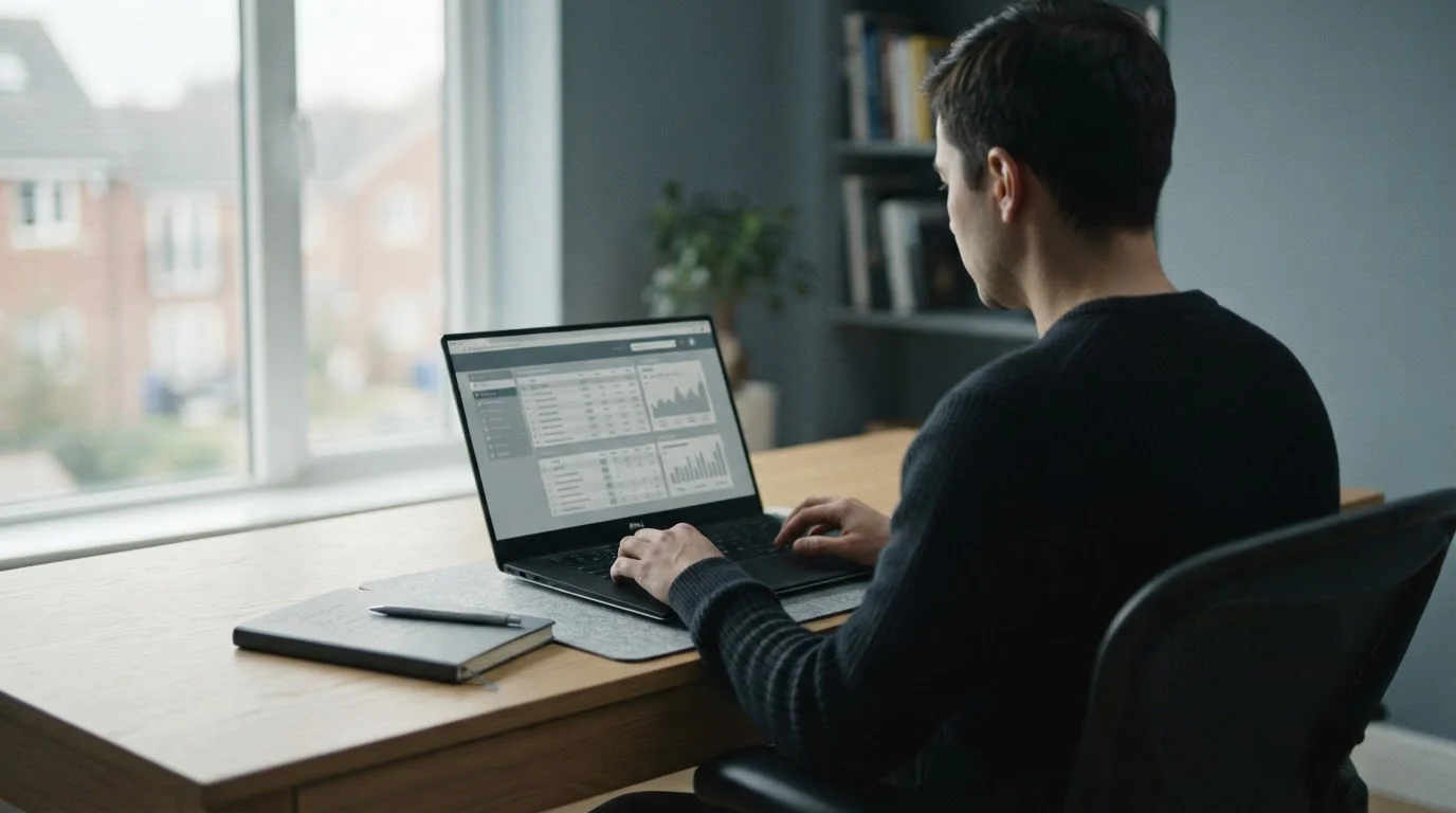 Person prüft Wettangebot auf Laptop-Bildschirm mit skeptischem Blick