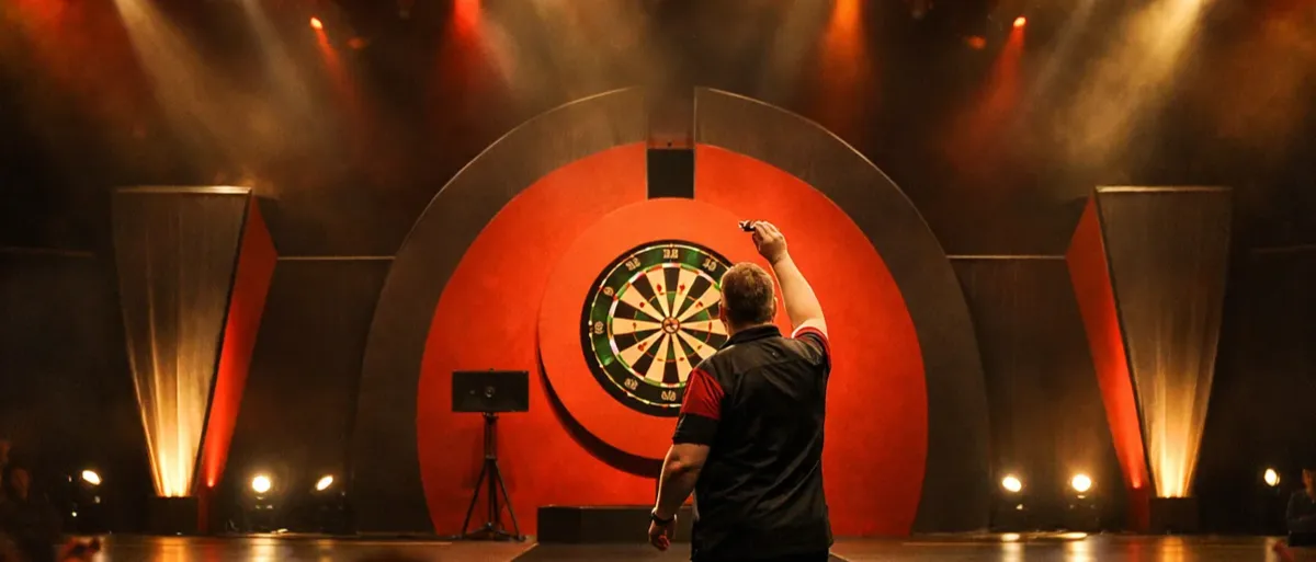 German Darts Masters Bühne mit Spieler am Oche unter Scheinwerferlicht