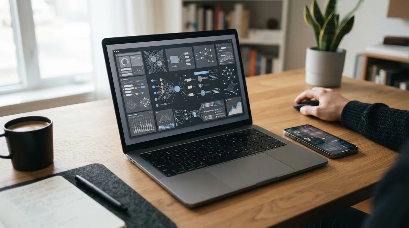 Smartphone und Laptop zeigen abstrakte Datenanalyse und Algorithmus-Visualisierung