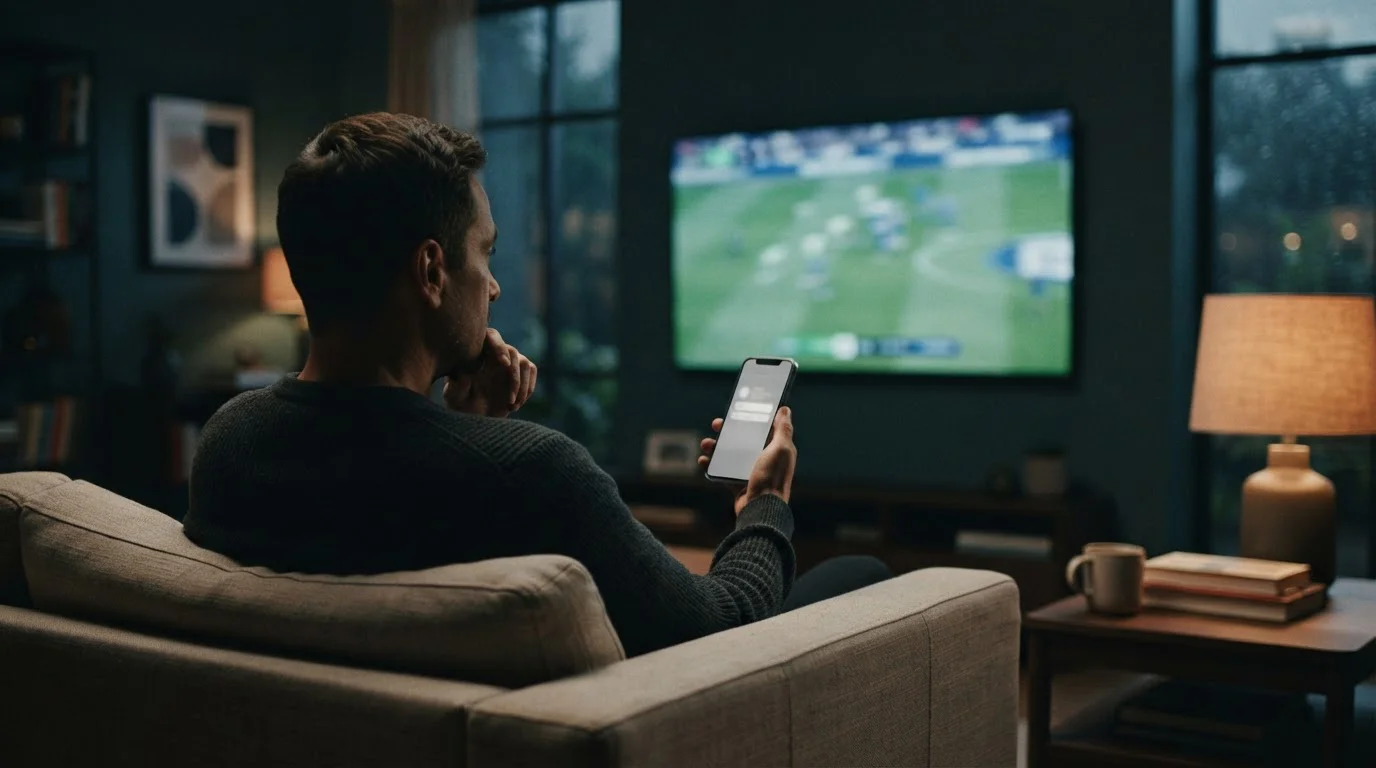 Person folgt einem Sportereignis auf dem Fernseher während sie ein Smartphone mit Wett-App nutzt