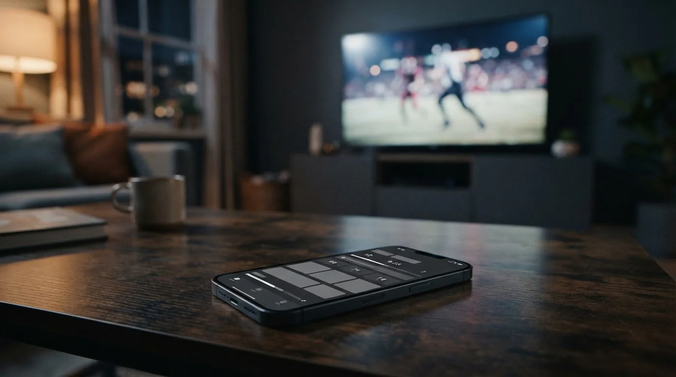 Smartphone mit Live-Sport-Interface neben laufendem Fußballspiel auf Bildschirm