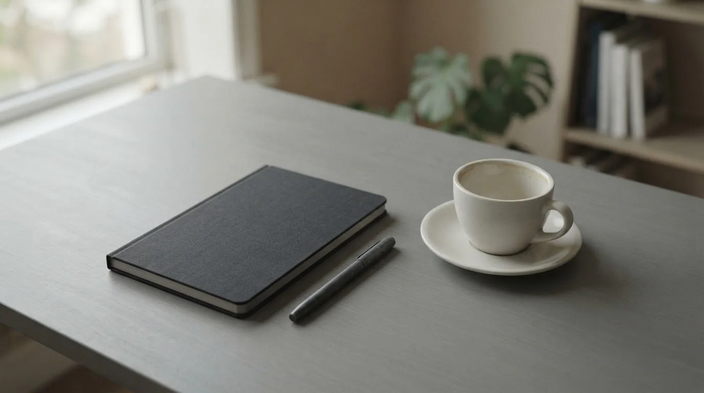 Geschlossenes Notizbuch und leere Kaffeetasse auf einem Schreibtisch