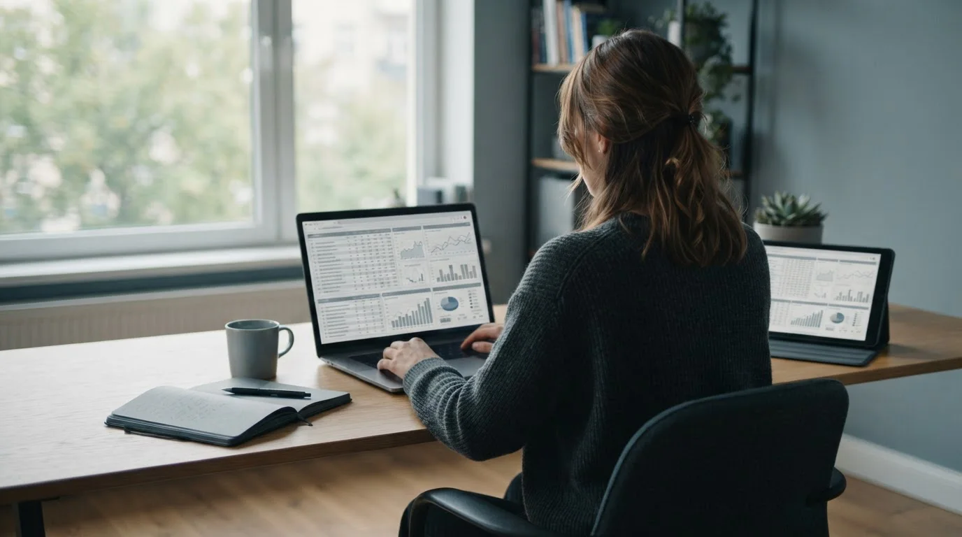 Person analysiert Sportwetten-Statistiken und Quoten am Laptop in ruhiger Arbeitsumgebung
