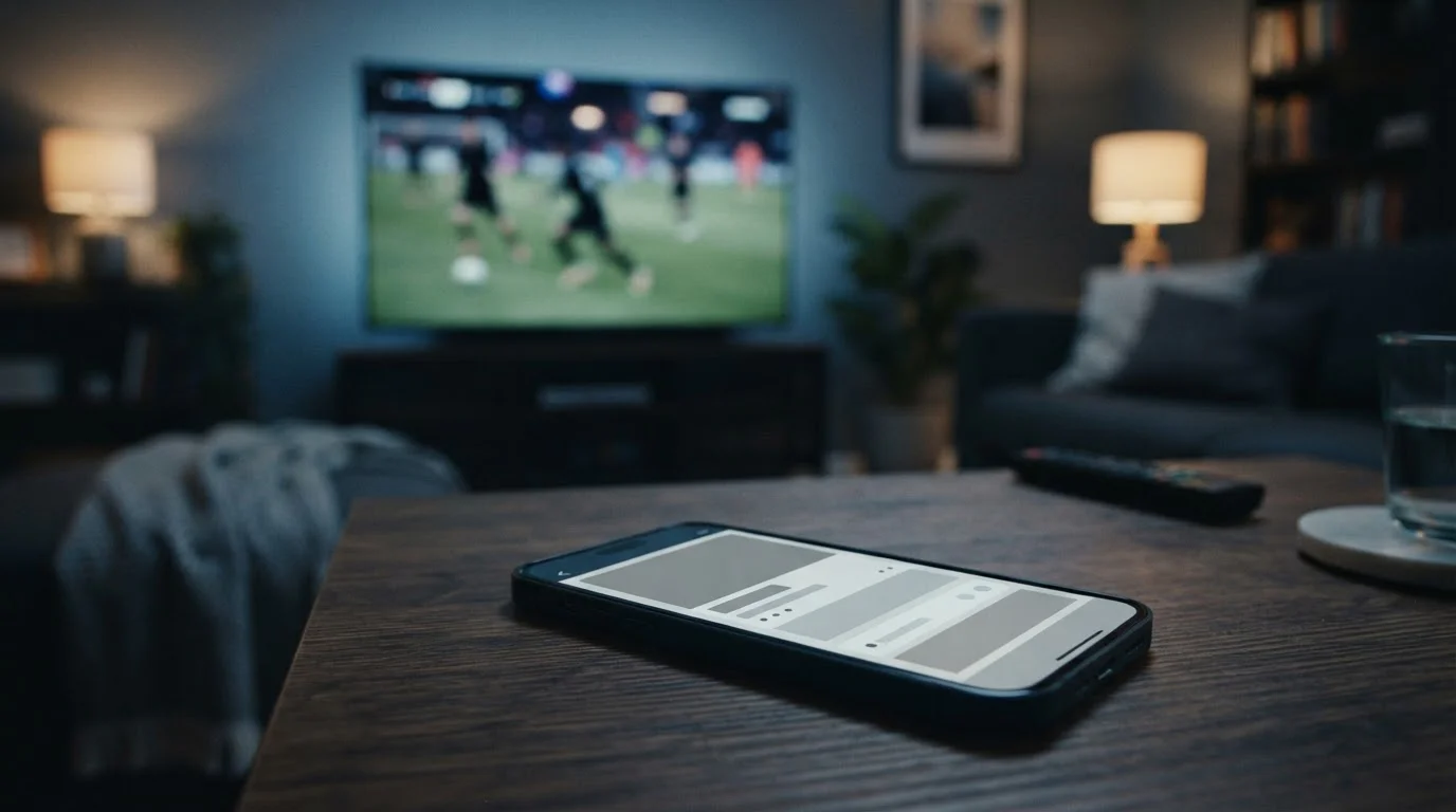 Smartphone mit neutraler Live-Sport-Oberfläche vor einem defokussierten Spielfeld