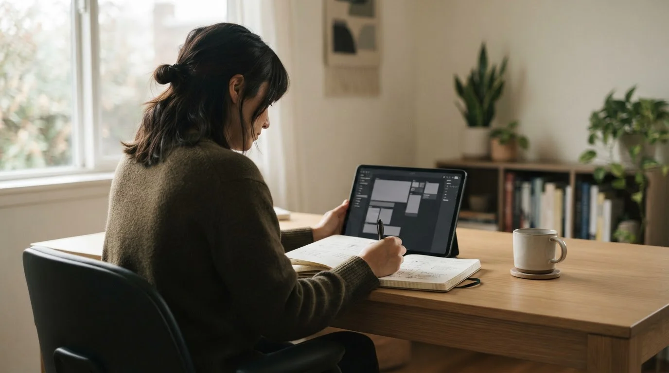 Person liest Bonusbedingungen auf Tablet und macht sich Notizen zur Umsetzungsstrategie