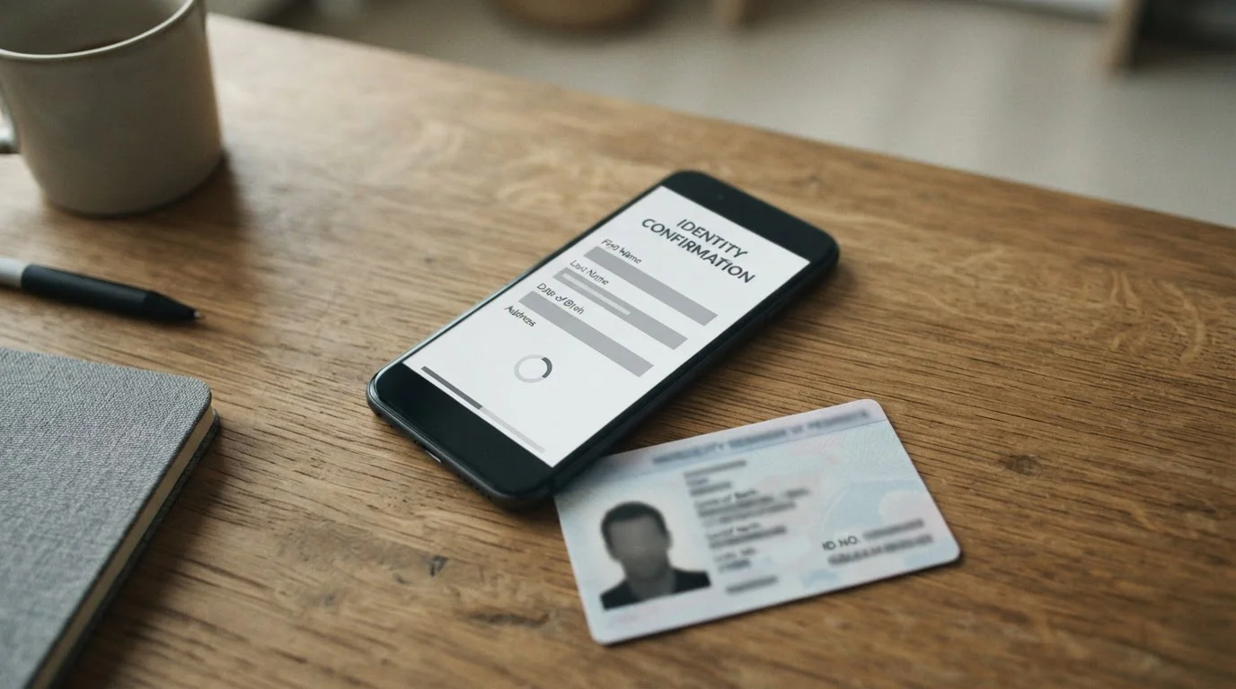 Smartphone mit Verifizierungsvorgang neben Ausweis auf Schreibtisch