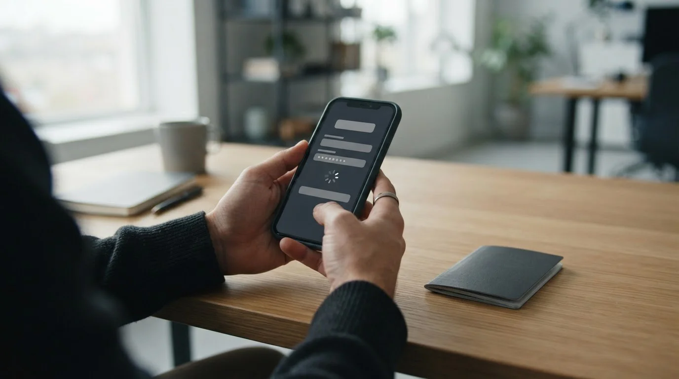 Hände halten Smartphone während digitaler Verifizierung mit Dokumenten daneben