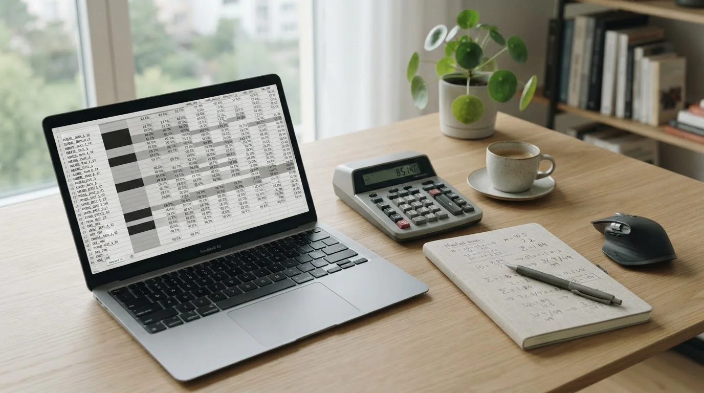 Analytischer Arbeitsplatz mit Taschenrechner und Notizen zu Wettquoten und Abzügen