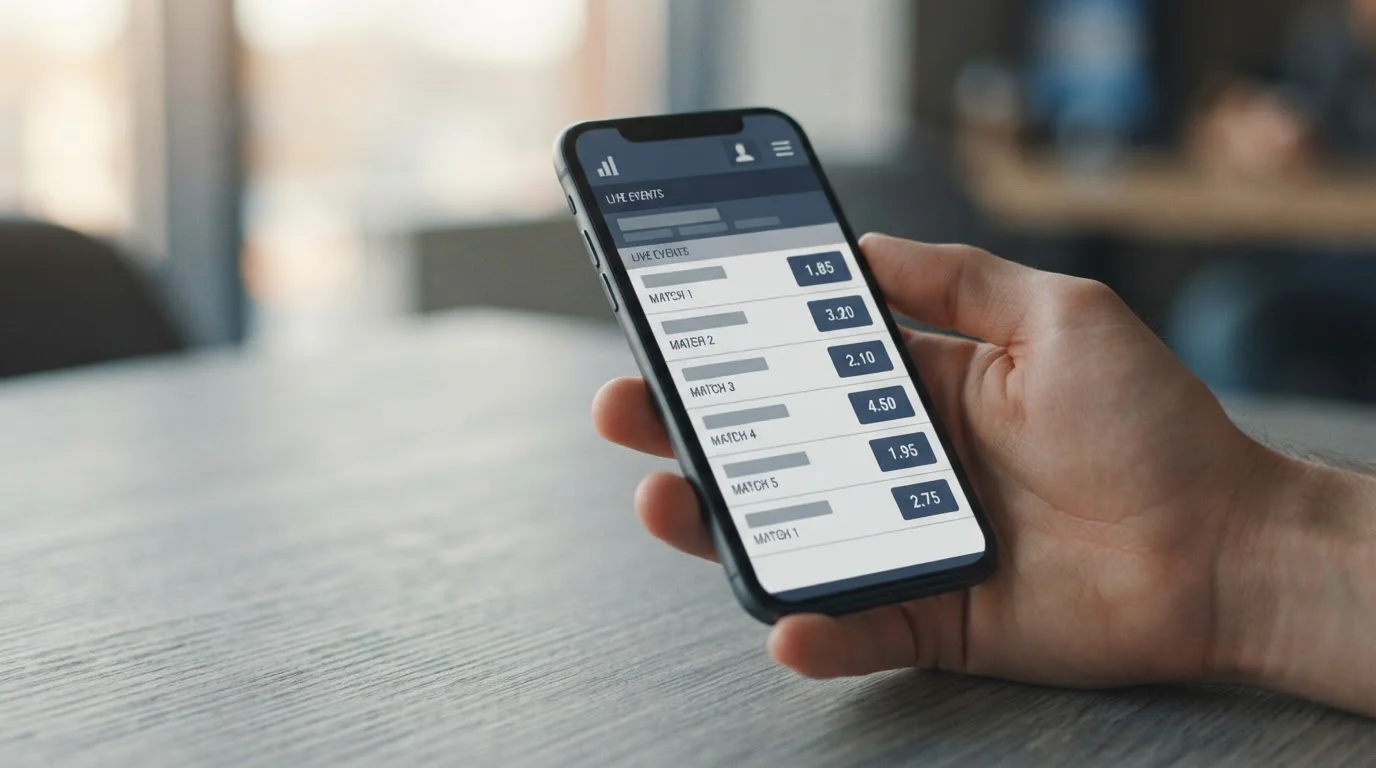Smartphone mit abstraktem Wettanbieter-Interface und Quoten-Tabelle