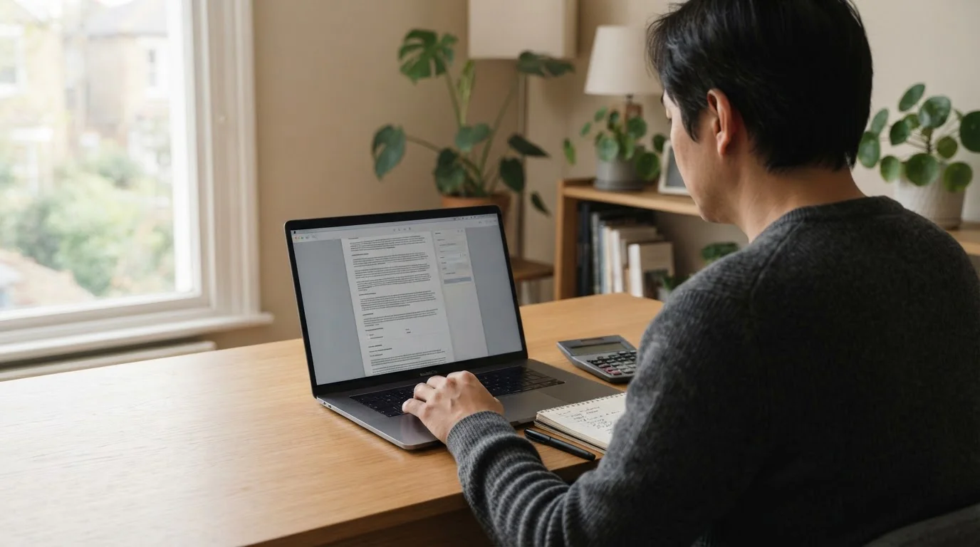 Person analysiert Wettbonus-Bedingungen am Laptop in neutraler Umgebung