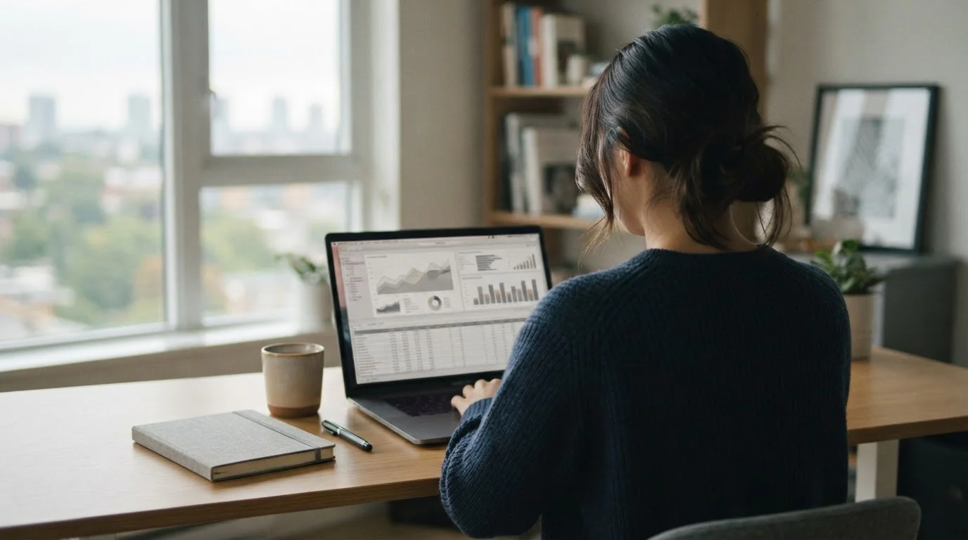 Person analysiert Wettdaten und Statistiken am Laptop in ruhigem Arbeitsumfeld